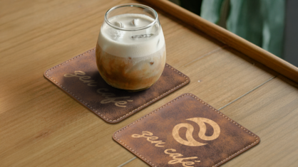 Cafe with logo engraved into custom coasters