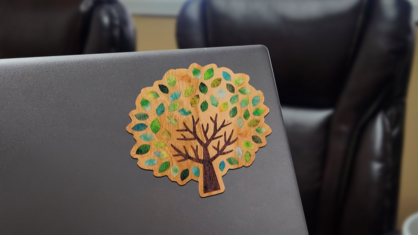 Custom Full Color Wood Sticker On Laptop