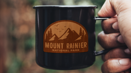 Engraved wood sticker on camping mug