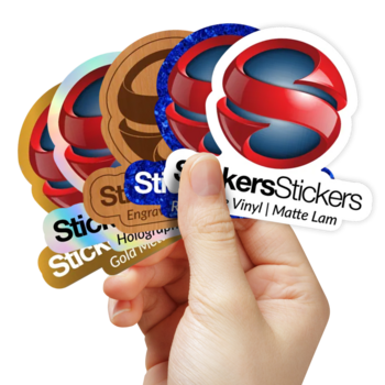 A hand holding 5 sample stickers printed on different materials.