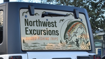 Perforated sticker advertising fishing company