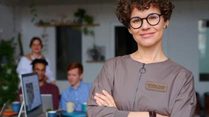 Teacher wearing a nice engraved name tag