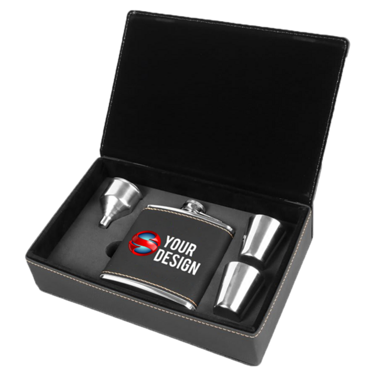 Personalize this highquality flask & shot glass gift set!